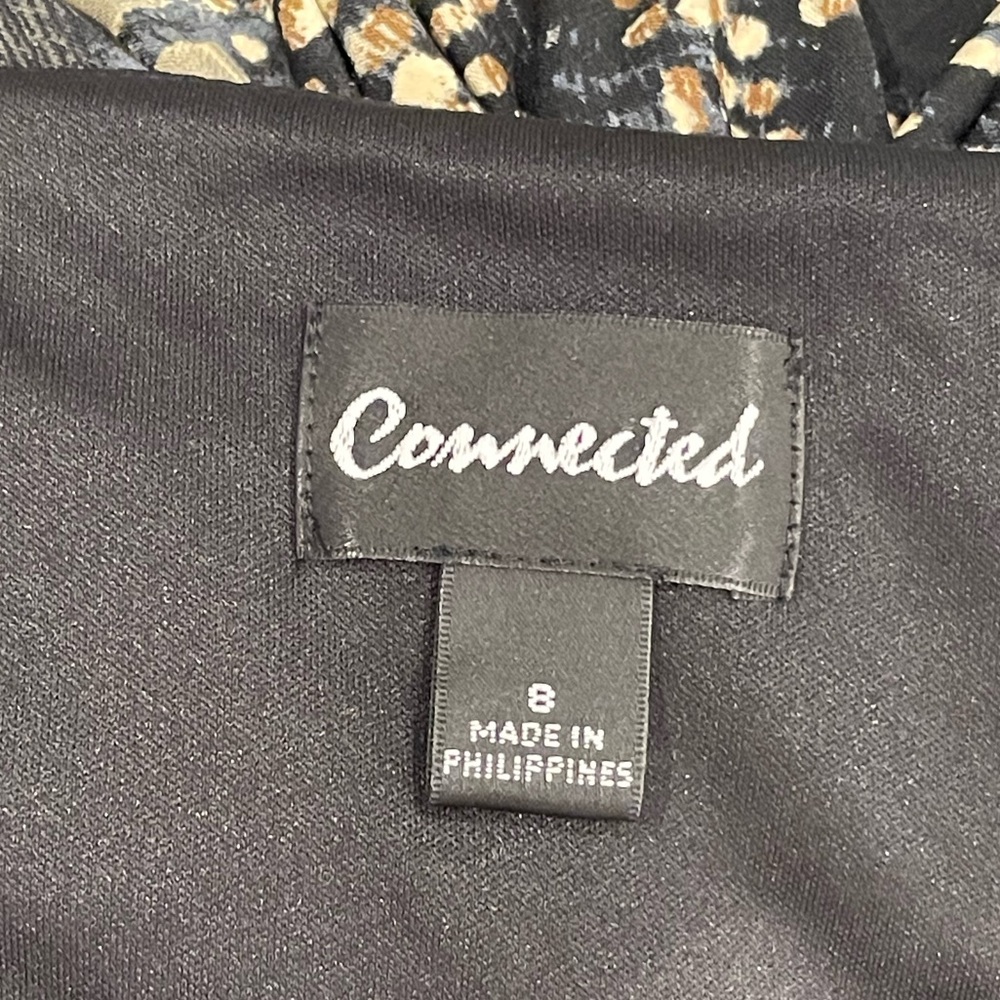 Connected Apparel Blue Black Tan Faux Wrap Dress - Picture 5 of 5